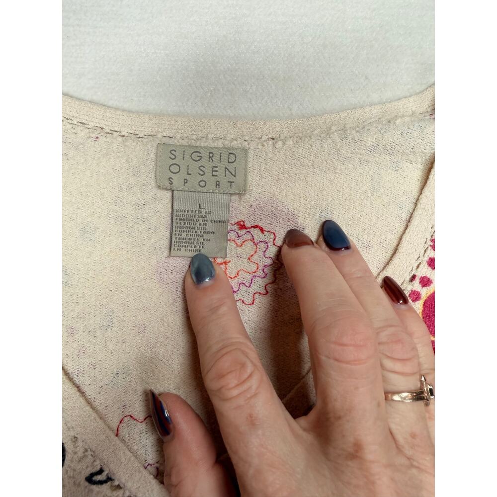 Sigrid Olsen Sport Floral Embroidered Beaded Sweater Top Women L Boho Cottage - Picture 3 of 6